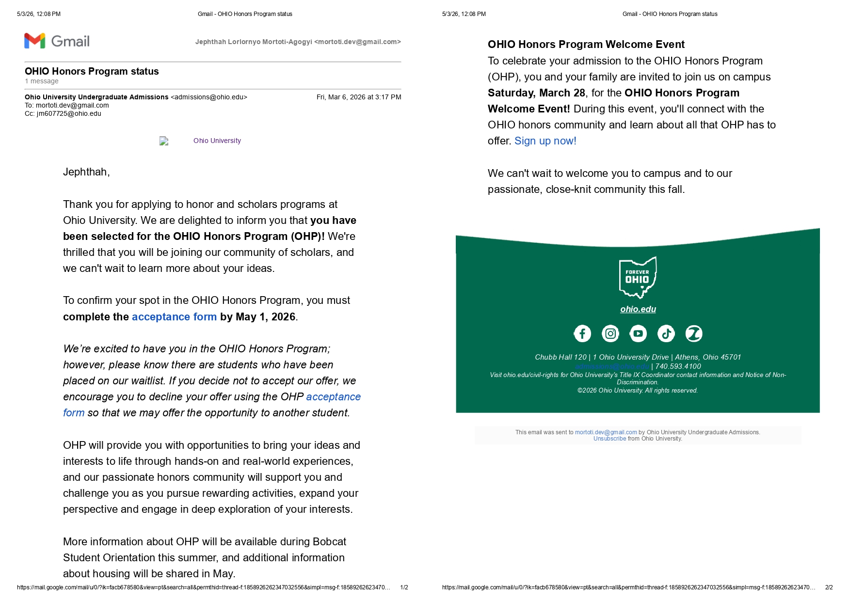 Honors Admission, Ohio University